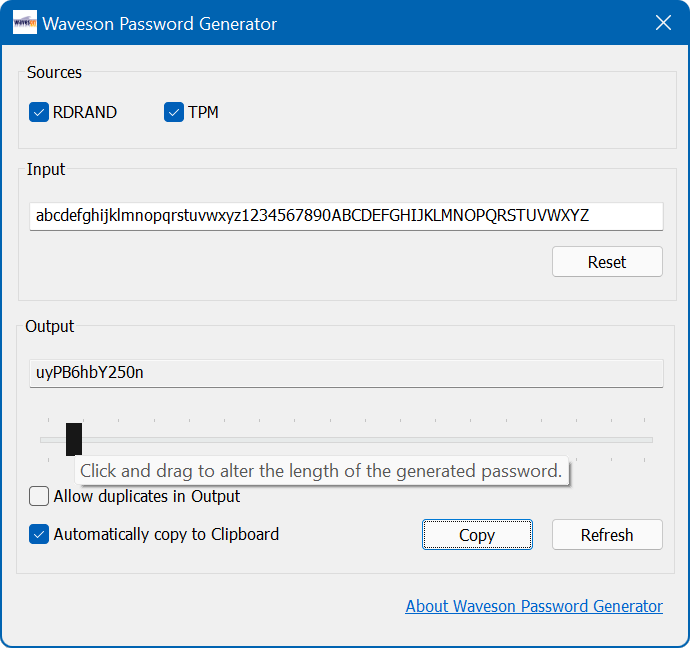 Screenshot of Waveson Password Generator